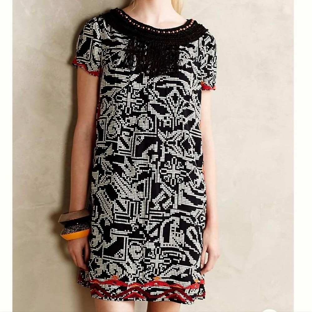 Anthropologie Floreat Abelia Beaded Fringe Boho Dress Size Small